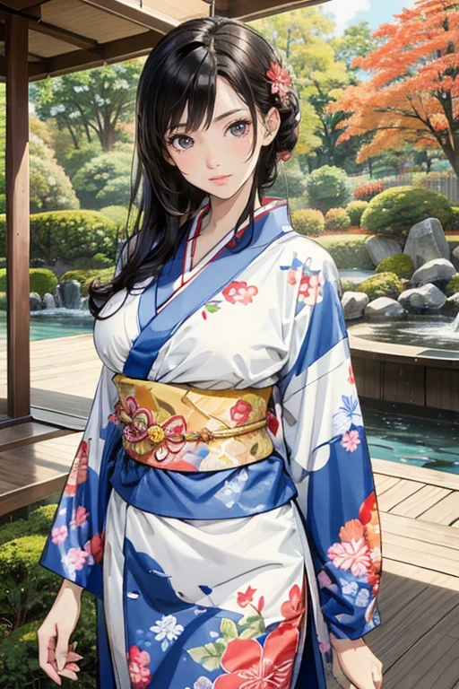 (Best Quality, High resolution, 8k), Japanese painting style, Beautiful Japanese women who look good in kimono,  Brightly colored and patterned kimono, Light brown-black hair, Beautiful eyes, Beautiful lips, A beautiful, well-proportioned face with a monkey-like appearance, Facial detailing, Large Breasts, A biologically healthy body, Detailed and delicate depiction, A flashy and dynamic painting technique, Japanese style garden,  Japanese style hotel, Autumn season, The autumn leaves are beautiful, Autumn flowers are blooming, The silver grass is swaying, Hair flies up, Vibrant colors, blue sky, White Clouds, Detailed illustration art, 