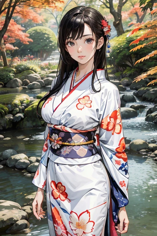 (Best Quality, High resolution, 8k), Japanese painting style, Beautiful Japanese women who look good in kimono,  Brightly colored and patterned kimono, Light brown-black hair, Beautiful eyes, Beautiful lips, A beautiful, well-proportioned face with a monkey-like appearance, Facial detailing, Large Breasts, A biologically healthy body, Detailed and delicate depiction, A flashy and dynamic painting technique, Japanese style garden,  Japanese style hotel, Autumn season, The autumn leaves are beautiful, Autumn flowers are blooming, The silver grass is swaying, Hair flies up, Vibrant colors, blue sky, White Clouds, Detailed illustration art, 