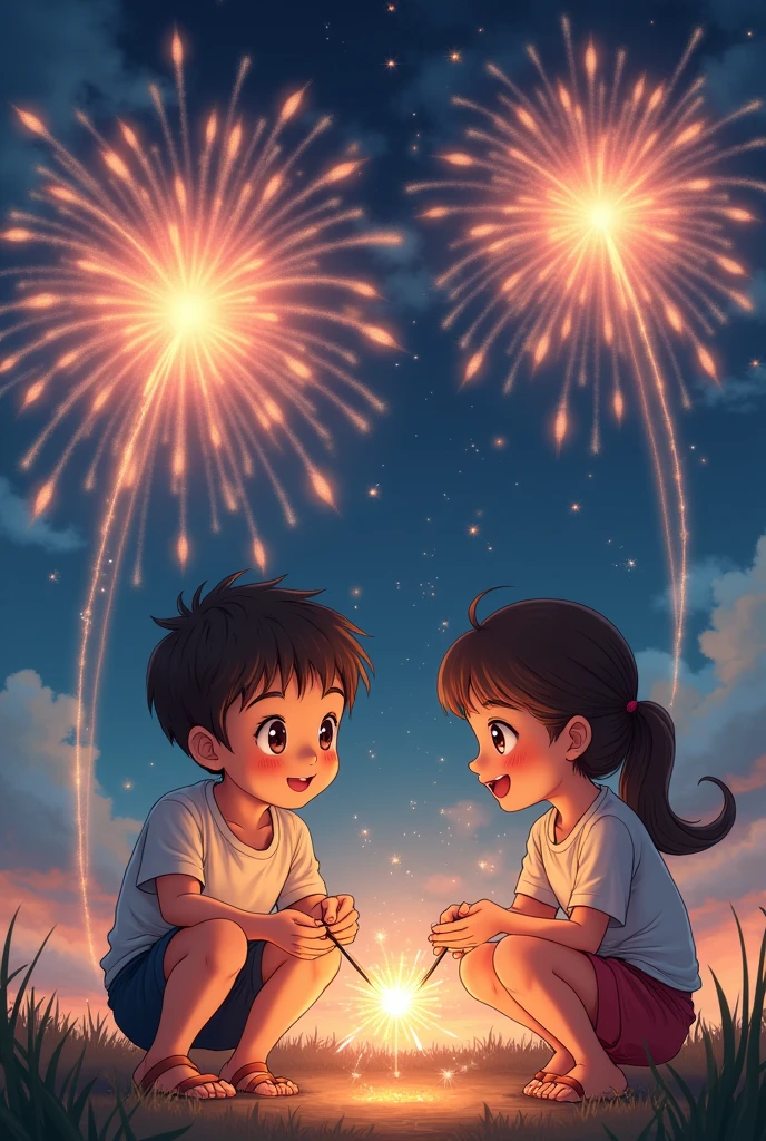 Japanese anime style,One boy and one girl,He is squatting down and looking at the sparklers he is holding.,In the background, large fireworks are bursting,