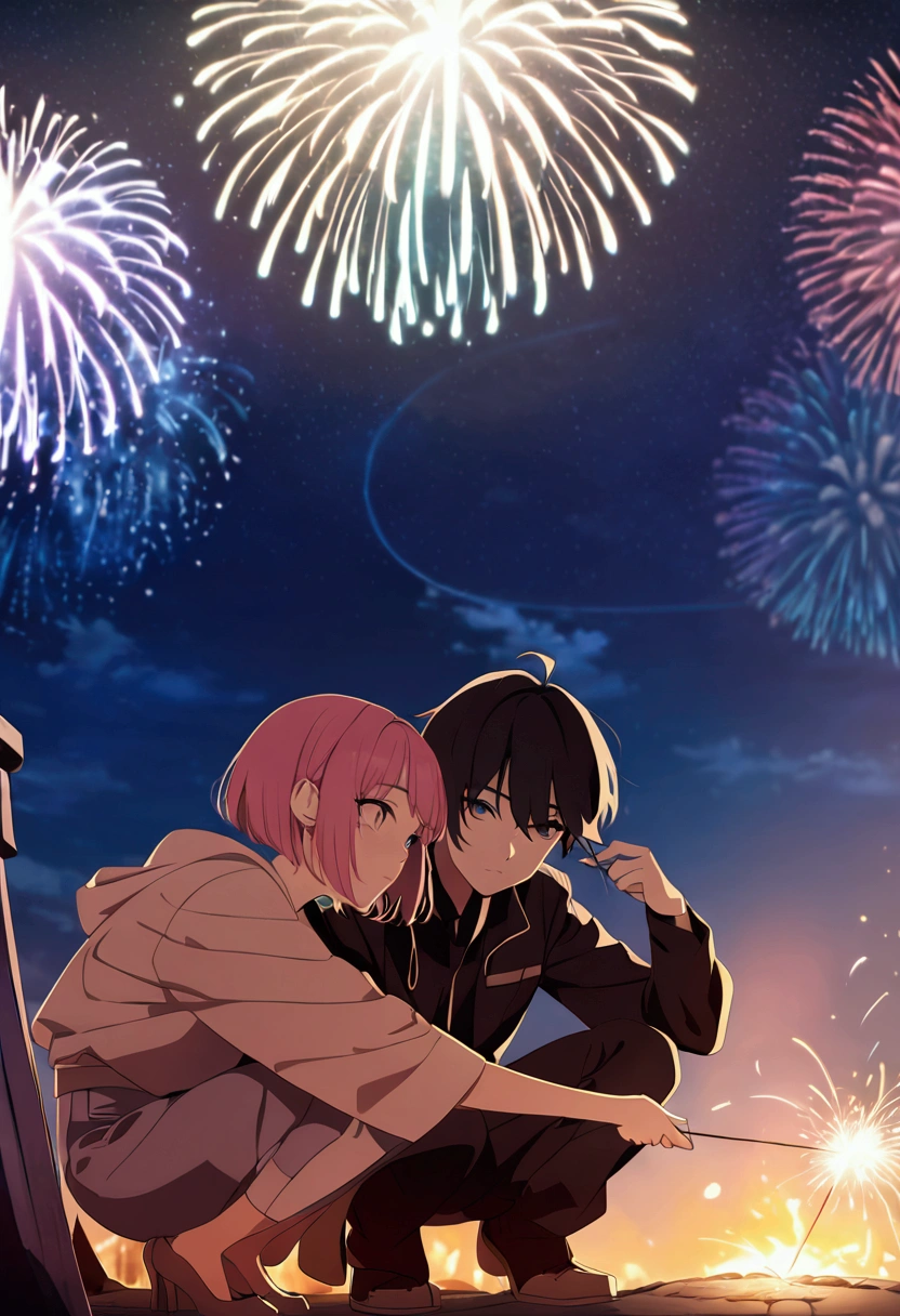 Japanese anime style,One boy and one girl,He is squatting down and looking at the sparklers he is holding.,In the background, large fireworks are bursting,
