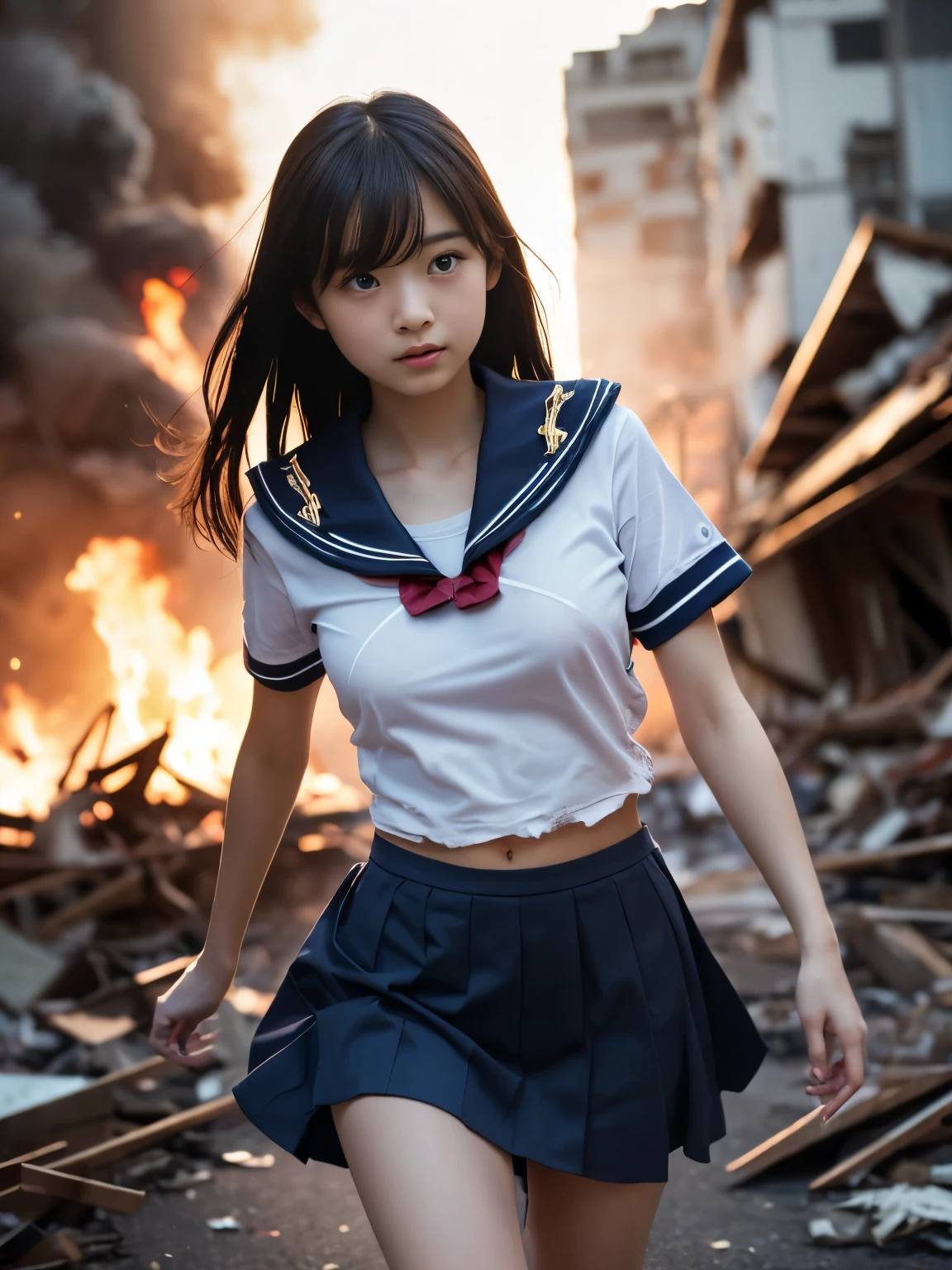 (In 8K、RAW Photos、top-quality、masterpiece:1.2)、(Realistic、Photorealistic:1.37)、Super detailed、Super A high resolution、Beautiful 18-year-old high school girl in Japan attacked by ゴジラ in devastated Tokyo、Fearful expression、(Torn, dirty and tattered sailor uniform:1.2)、(Disheveled clothing、Random nudes)、Torn fabric、(Ripped short pleated skirt:1.2)、Dirty Hair、Running through the rubble、Collapse of buildings、Burning Flames、Stunningly beautiful face、Dynamic Angle、moving lighting、(nsfw)