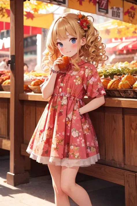 Best Quality, One ，Cute young tiny girl, blonde, Curly Hair, evil ，Floral Dress，The colors of the stalls at the Autumn Festival々i want to eat..，