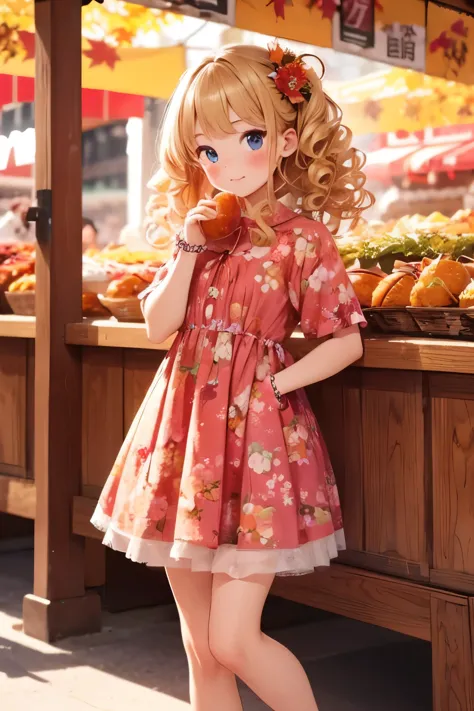 Best Quality, One ，Cute young tiny girl, blonde, Curly Hair, evil ，Floral Dress，The colors of the stalls at the Autumn Festival々i want to eat..，