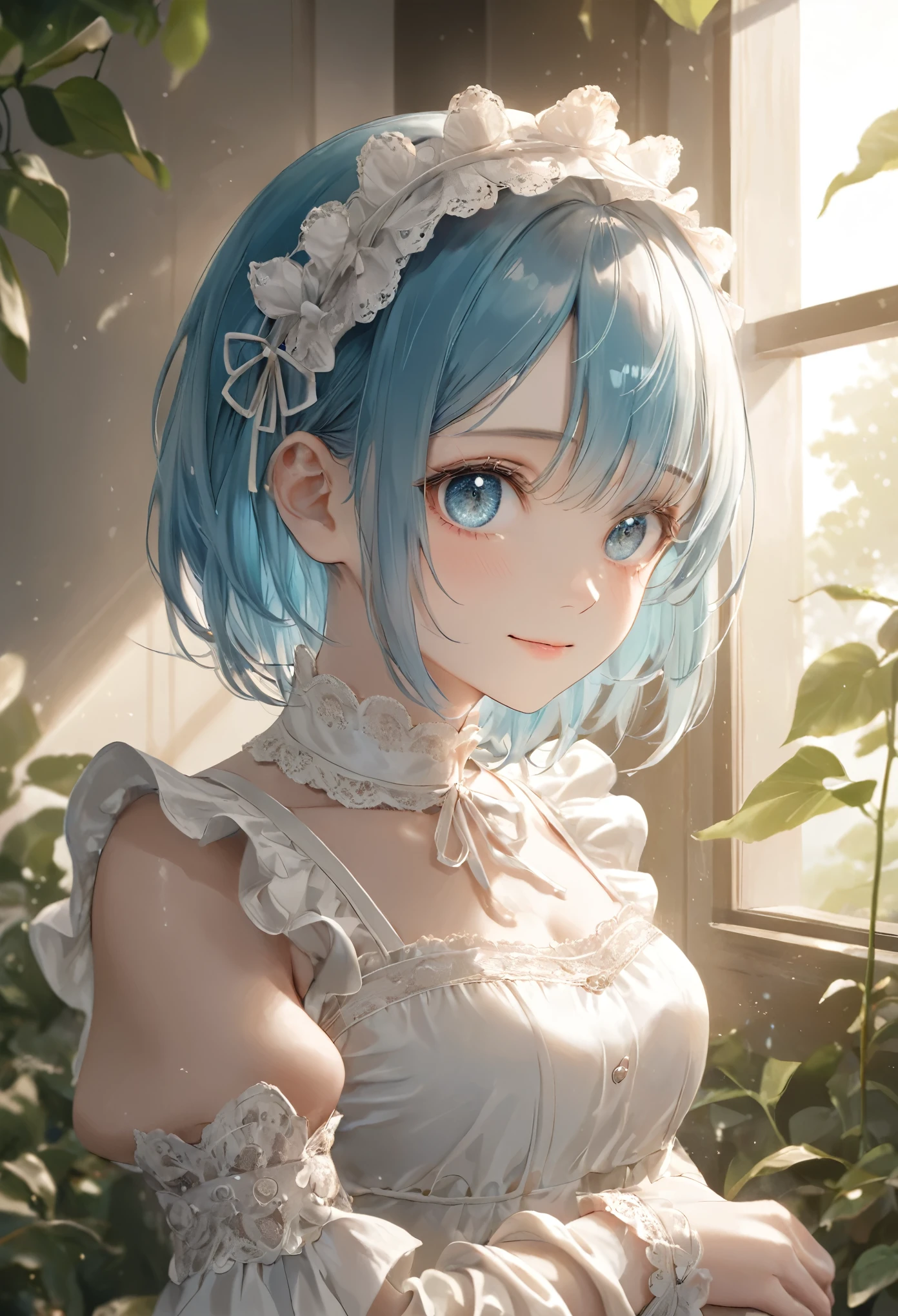 masterpiece, best quality, ultra-detailed illustration of a young woman’s upper body, her blue hair softly illuminated by the warm sunlight streaming through a nearby window, her red eyes gaze forward with a gentle, serene expression, her outfit is a traditional black and white maid dress with delicate lace and ruffled sleeves, the light from the window creates soft highlights on her shoulders and the detailed lace around her neckline, her calm expression is paired with a soft, almost shy smile, the background is softly blurred, with sunlight filtering through green leaves outside the window, creating a warm and peaceful atmosphere, the delicate details of her outfit, from the lace to the carefully drawn ruffles, are rendered with care and precision, the overall tone is calm and inviting, capturing a quiet and intimate moment in a richly detailed illustration.