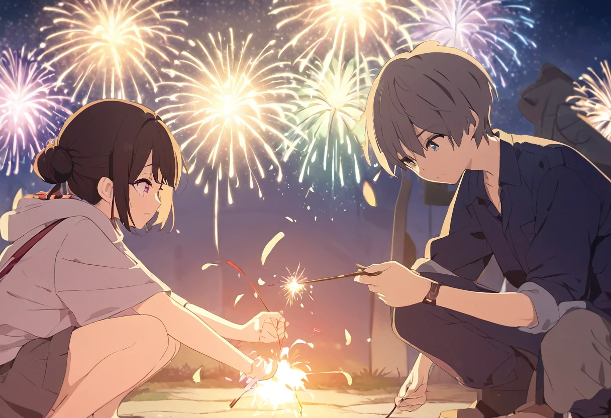 Japanese anime style,One boy and one girl,He is squatting down and looking at the sparklers he is holding.,In the background, large fireworks are bursting,
