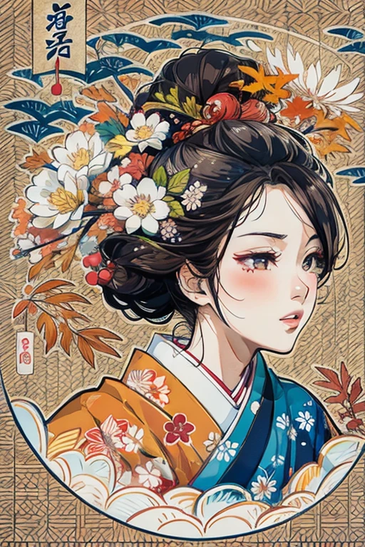 (Best Quality, High resolution, 8k), Japanese painting style, Beautiful Japanese women who look good in kimono,  Japanese clothing with calm colors and patterns, Light brown-black hair, Beautiful eyes, Beautiful lips, A beautiful, well-proportioned face with a monkey-like appearance, Facial detailing, Large Breasts, A biologically healthy body, Detailed and delicate depiction, A flashy and dynamic painting technique, Japanese style garden,  Japanese style hotel, Autumn season, The autumn leaves are beautiful, Autumn flowers are blooming, The silver grass is swaying, Hair flies up, Vibrant colors, blue sky, White Clouds, Detailed illustration art, 