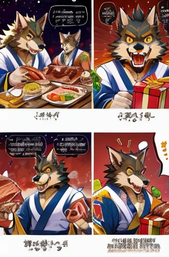 Color Comics、Japanese Manga、Werewolves talk about presents、Birthday werewolf story、A four-panel comic about giving delicious meat as a gift、Delicious meat dishes as gifts、Happy Face、smile、cute、Cartoon werewolf talking about meat、