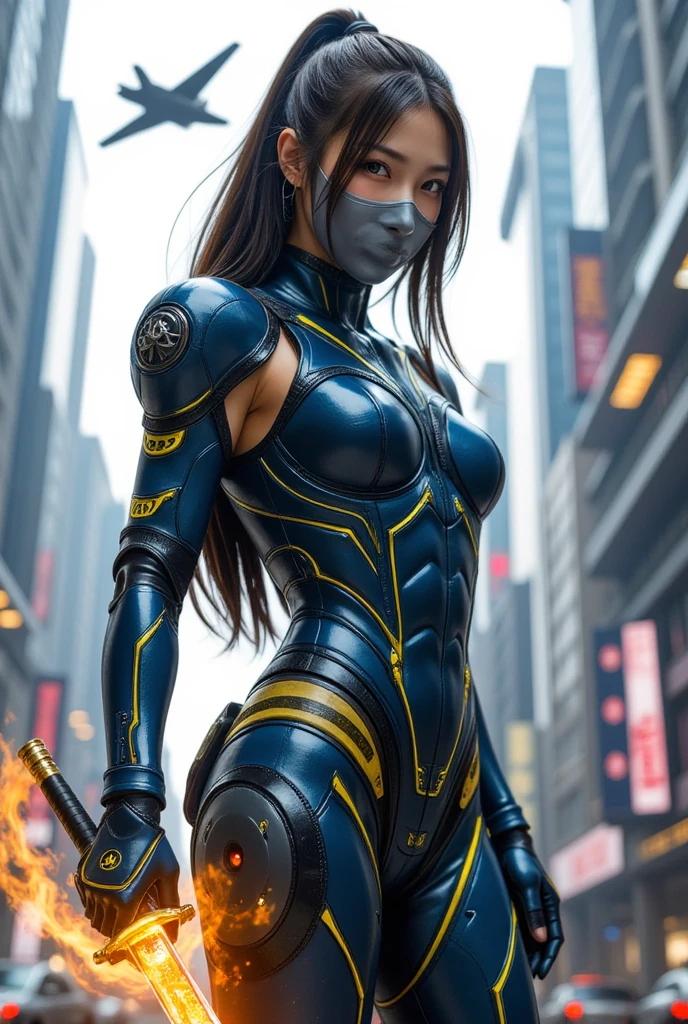 Create a Japanese woman with loose, flowing hair, in a futuristic navy blue exoskeleton armor with neon yellow details without a helmet wearing a gray metal mask, with a fire katana in his hands, standing on the streets of a futuristic city with large buildings, near a futuristic black fighter aircraft. 