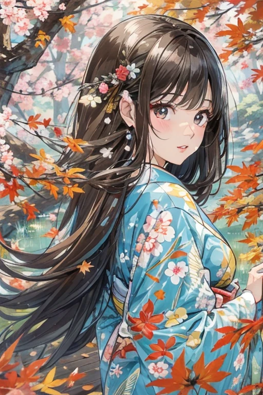 (Best Quality, High resolution, 8k), Japanese painting style, Beautiful Japanese women who look good in kimono,  Japanese clothing with calm colors and patterns, Light brown-black hair, Beautiful eyes, Beautiful lips, A beautiful, well-proportioned face with a monkey-like appearance, Facial detailing, Large Breasts, A biologically healthy body, Detailed and delicate depiction, A flashy and dynamic painting technique, Japanese style garden,  Japanese style hotel, Autumn season, The autumn leaves are beautiful, Autumn flowers are blooming, The silver grass is swaying, Hair flies up, Vibrant colors, blue sky, White Clouds, Detailed illustration art, 