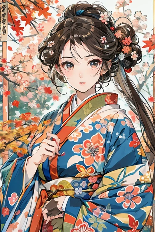 (Best Quality, High resolution, 8k), Japanese painting style, Beautiful Japanese women who look good in kimono,  Japanese clothing with calm colors and patterns, Light brown-black hair, Beautiful eyes, Beautiful lips, A beautiful, well-proportioned face with a monkey-like appearance, Facial detailing, Large Breasts, A biologically healthy body, Detailed and delicate depiction, A flashy and dynamic painting technique, Japanese style garden,  Japanese style hotel, Autumn season, The autumn leaves are beautiful, Autumn flowers are blooming, The silver grass is swaying, Hair flies up, Vibrant colors, blue sky, White Clouds, Detailed illustration art, 