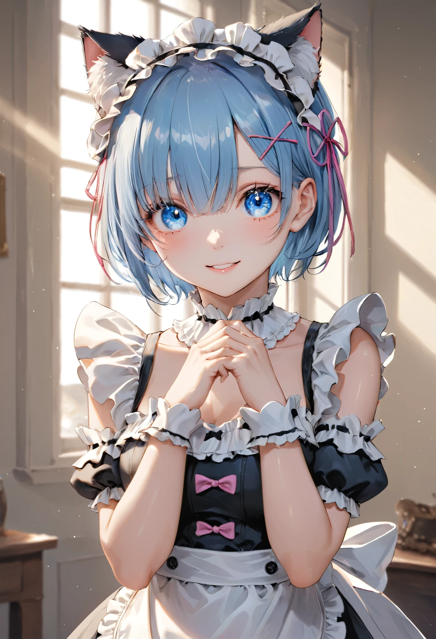 masterpiece, best quality, 8k, highres, ultra-detailed,HDR, UHD, studio lighting, ultra-fine painting, sharp focus, physically-based rendering, extreme detail description, professional,rem \(re:zero\), 1girl, solo,looking at viewer,smile, short hair, open mouth, bangs, medium breasts, hair ornament, dress, ribbon, animal ears, blue hair, hair ribbon, heart, frills, detached sleeves, teeth, cat ears,black tale,hand {fingers} paw pose {finger} hand, blue eyes, hair over one eye, apron, black dress, maid, symbol-shaped pupils, maid headdress, black ribbon, heart-shaped pupils, frilled dress, x hair ornament, waist apron, white apron, pink ribbon, roswaal mansion maid uniform, indoors