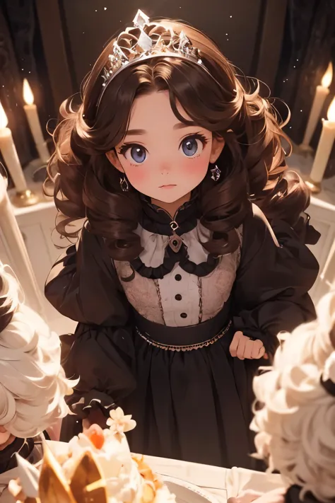 there is nothing, Best Quality, Very young , Cute very very young ，Child body type，Brunette, Curly haired evil girl, dress，Tiara，Cunning gestures