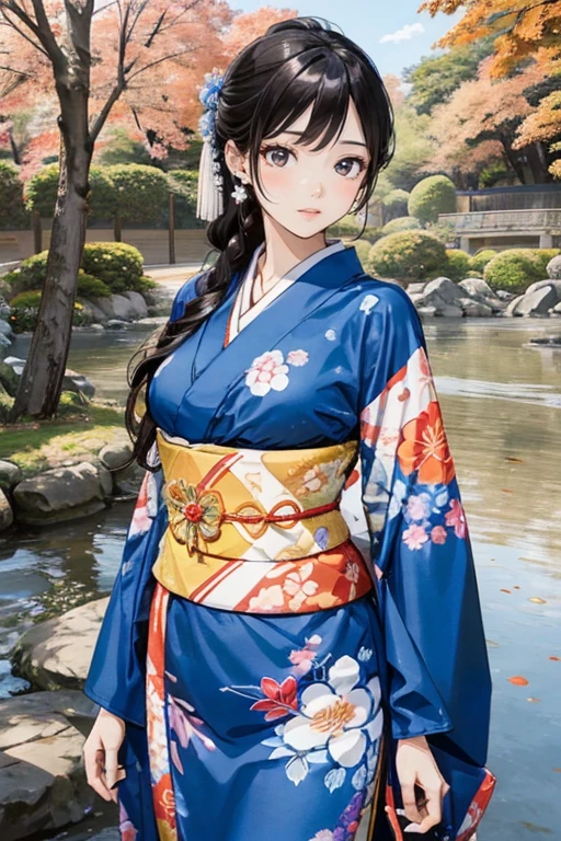 (Best Quality, High resolution, 8k), Japanese painting style, Beautiful Japanese women who look good in kimono,  Japanese clothing with calm colors and patterns, Light brown-black hair, Beautiful eyes, Beautiful lips, A beautiful, well-proportioned face with a monkey-like appearance, Facial detailing, Large Breasts, A biologically healthy body, Detailed and delicate depiction, A flashy and dynamic painting technique, Japanese style garden,  Japanese style hotel, Autumn season, The autumn leaves are beautiful, Autumn flowers are blooming, The silver grass is swaying, Hair flies up, Vibrant colors, blue sky, White Clouds, Detailed illustration art, 