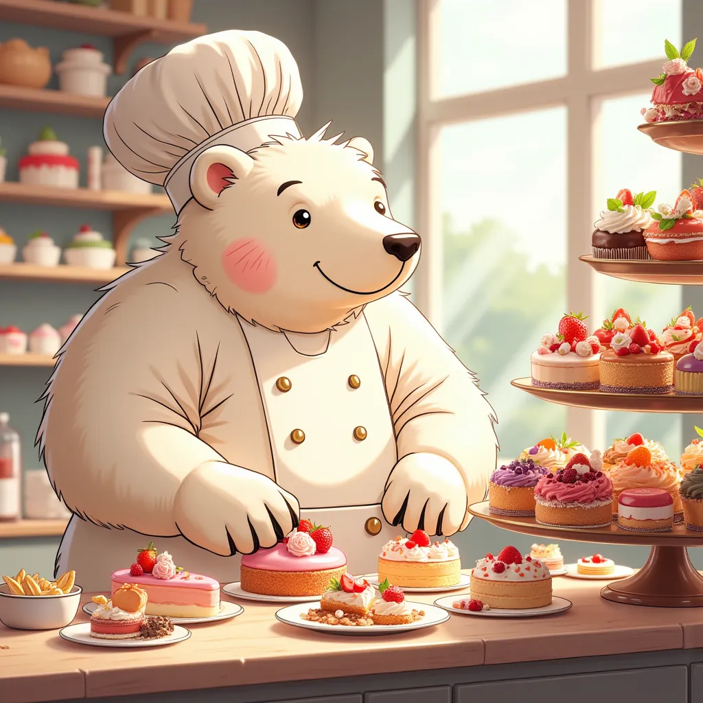 pastry chef, a plump middle-aged polar bear man, full body in michelangelo buonarroti style, digital illustration anime, charact...