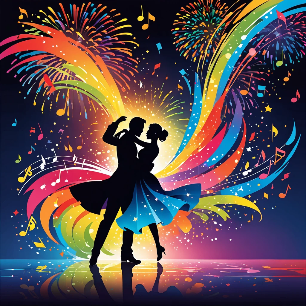 Flat illustration, Vector art, rainbow fireworks sparkling, silhouette art, shadows of intimate two men and women dancing the waltz, There are colorful notes drawn dancing, flowing notes, notes dancing in the wind, musical theme, musical notes, music