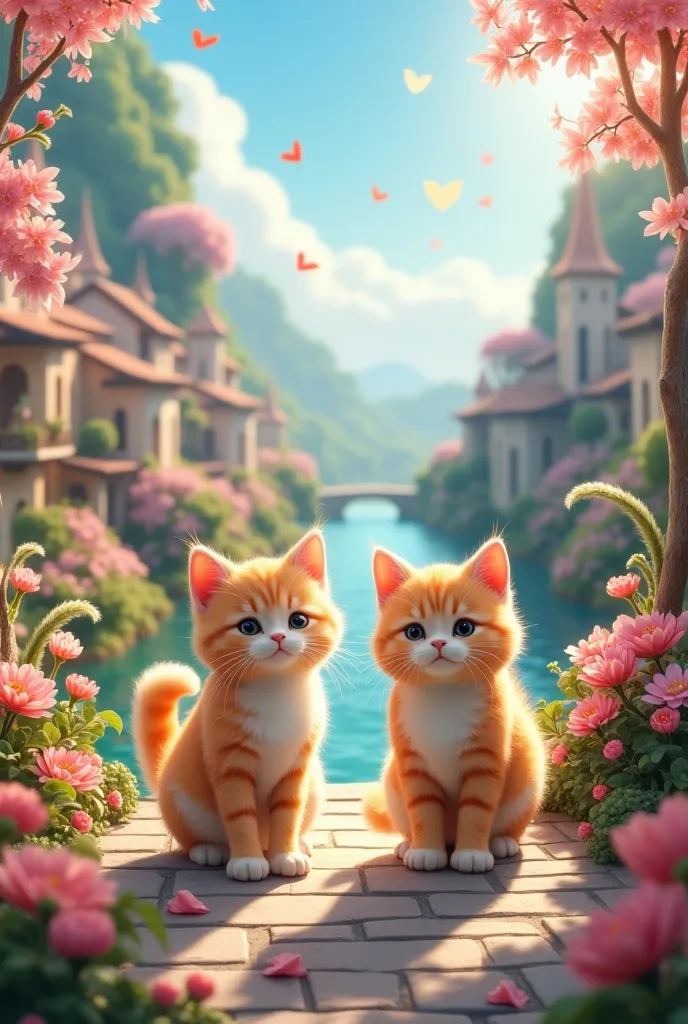 cute and gentle world of soft, fluffy, pastel colors, fantasy art, two friendly cats, various buildings, various flowers and trees, rivers, and cityscapes.