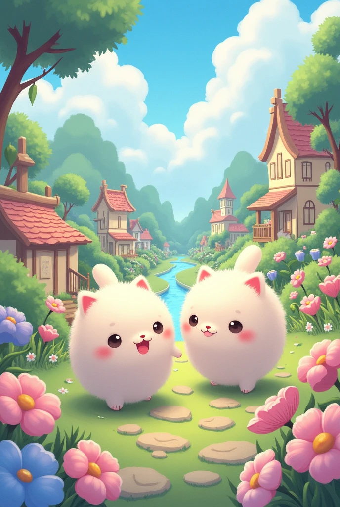 cute and gentle world of soft, fluffy, pastel colors, fantasy art, two friendly cats, various buildings, various flowers and trees, rivers, and cityscapes, anime manga illustration cartoon style