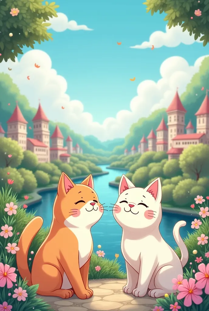 cute and gentle world of soft, fluffy, pastel colors, fantasy art, two friendly cats, various buildings, various flowers and trees, rivers, and cityscapes, anime manga illustration cartoon style