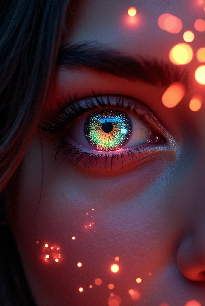 text saying "Cheer!", pov, dark night sky, colorful fireworks blooming in the night sky resemble the eye of a beautiful woman, ultra detailed