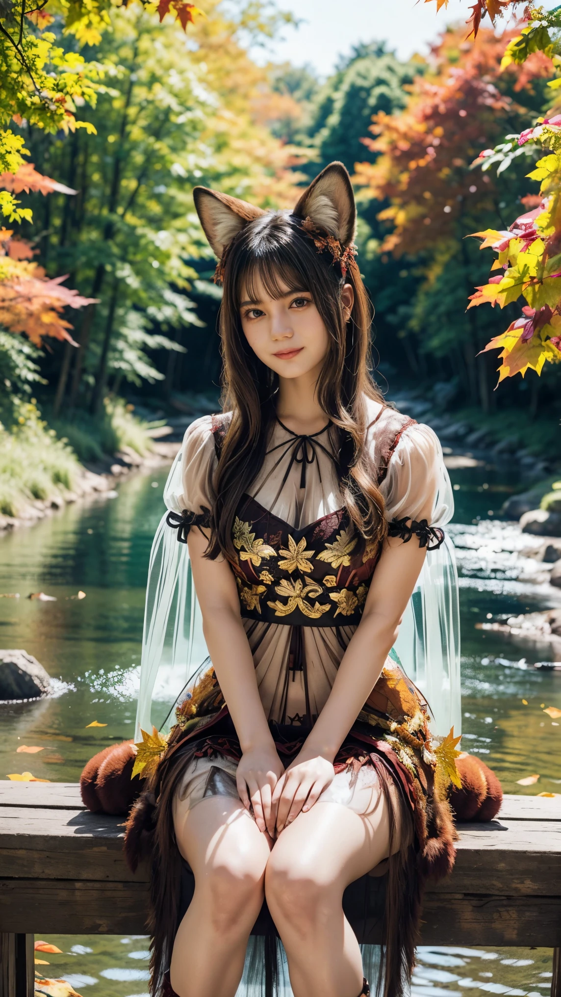 1 fox girl, ruby eyes, fox tail, fox ears, brown hair, chignon, (smile:0.9), (parted lips:0.9), cute, 
china dress, side slit, pelvic curtain, (sandals:0.9), 
sitting on bridge, leaning forward, knee up, 
(autumn leaves:1.1), (crimson stream:0.9), (crimson lighting:1.1), dancing leaves, night, 
sharp focus, looking at viewer, 
(intricate:1.1), (crimson tone:1.1), (brown tone:0.7), (crimson atmosphere:1.1), 
llustration, (anime coloring:1.1), high contrast, 
BREAK (masterpiece:1.2), (best quality:1.2), (very aesthetic:1.2), (absurdres:1.2), (detailed background), newest, ai-generated, (intricate details:1.2), (gigantic :1.5), (Fluffy fox tail:1.2),(See-through costume:1.6)