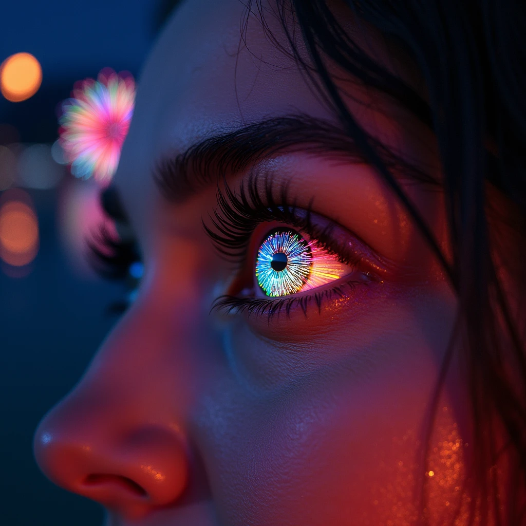 text saying "Cheer!", pov, dark night sky, colorful fireworks blooming in the night sky resemble the eye of a beautiful woman, ultra detailed