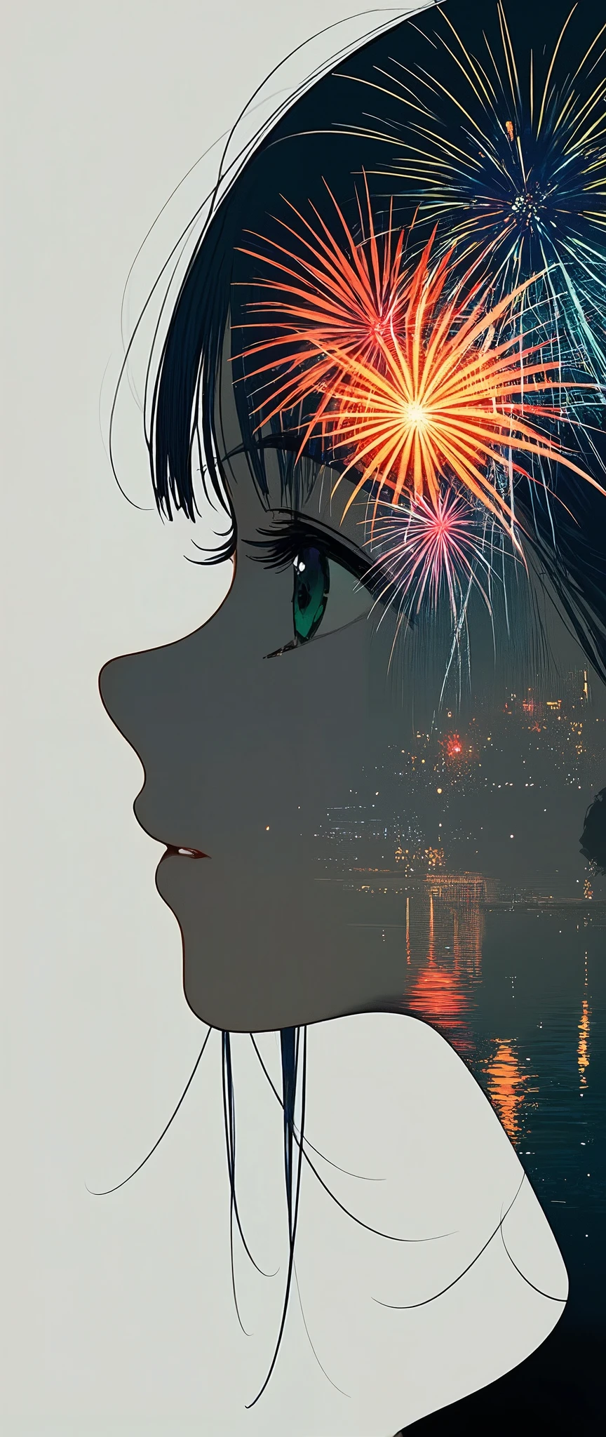 Double exposure photography of the profile of the monochrome smiling girl\(smiling,looking up\) which is seamlessly superimposed with a colorful and beautiful fireworks in the sky of the beautiful lake in the city