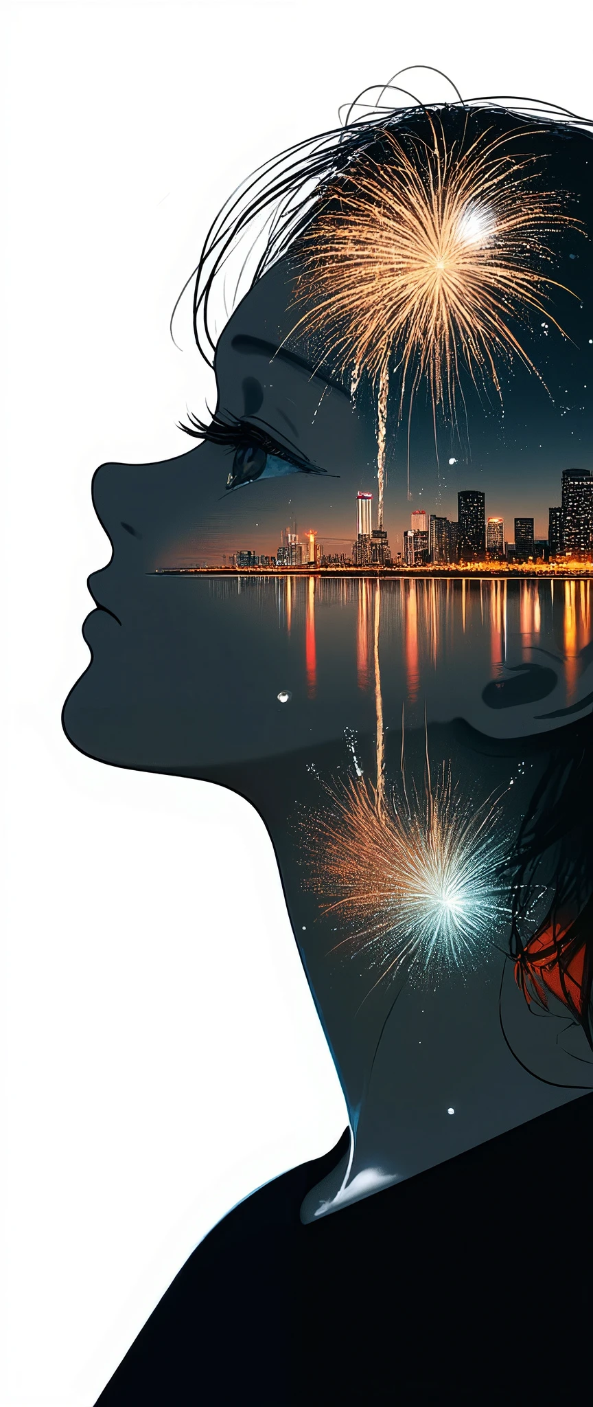 Double exposure photography of the profile of the monochrome smiling girl\(smiling,looking up\) which is seamlessly superimposed with a colorful and beautiful fireworks in the sky of the beautiful lake in the city