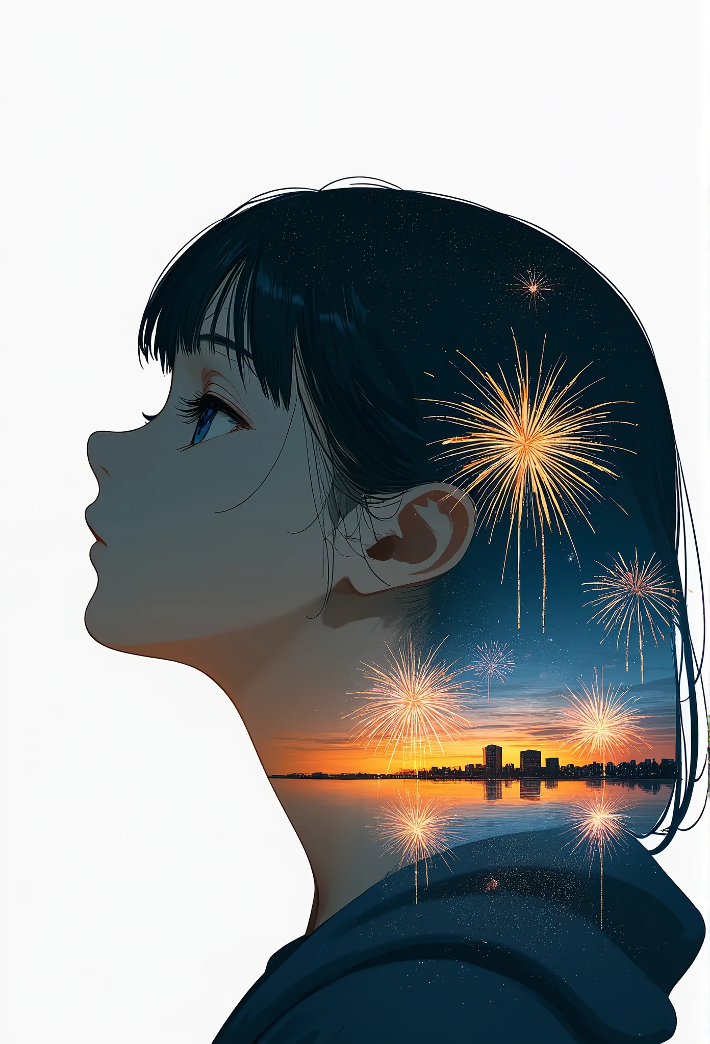 Double exposure photography of the profile of the monochrome smiling girl\(smiling,looking up\) which is seamlessly superimposed with a colorful and beautiful fireworks in the sky of the beautiful lake in the city