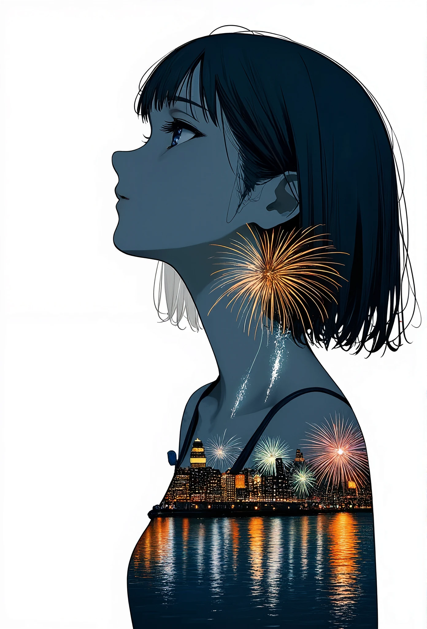 Double exposure photography of the profile of the monochrome smiling girl\(smiling,looking up\) which is seamlessly superimposed with a colorful and beautiful fireworks in the sky of the beautiful lake in the city