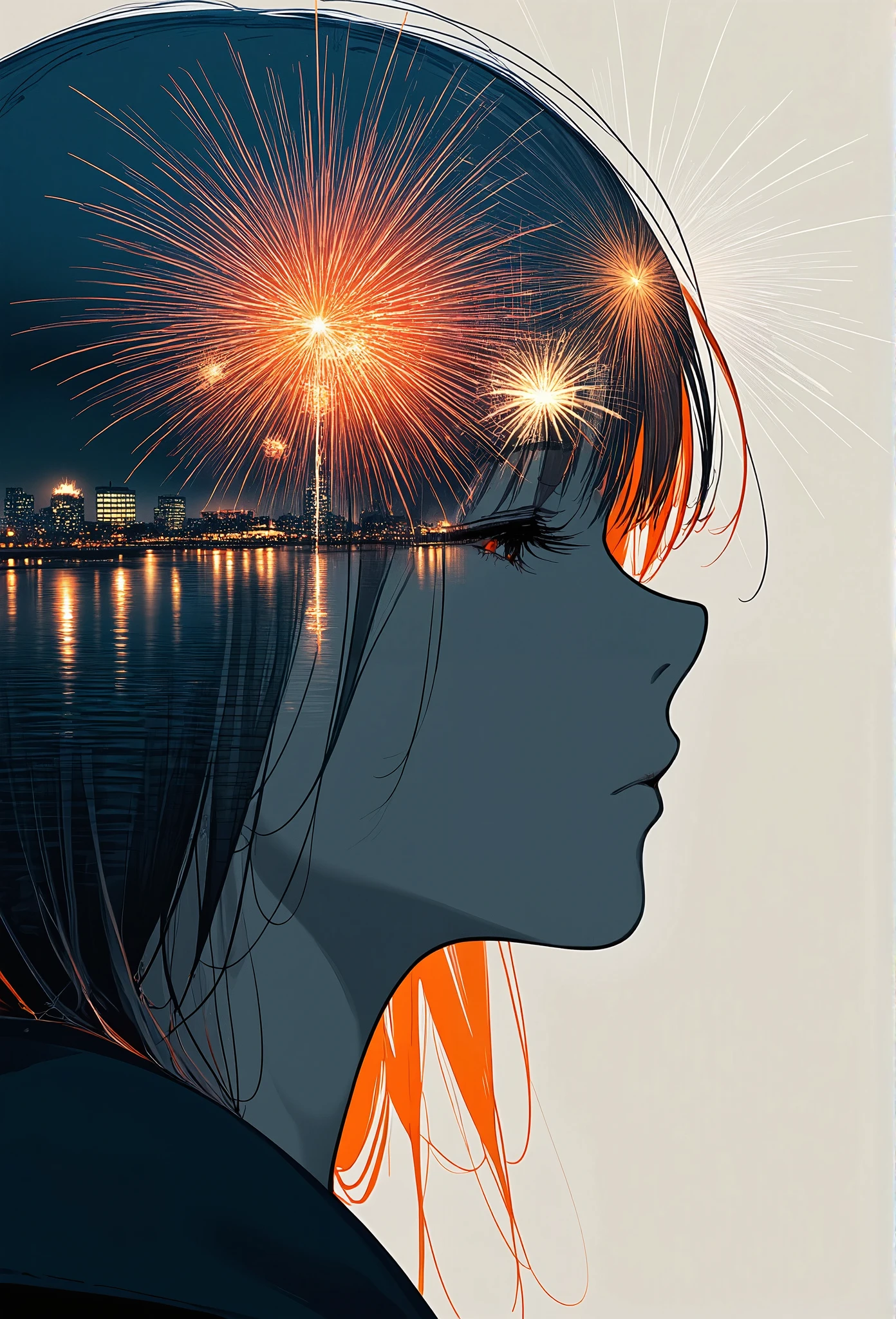 Double exposure photography of the profile of the monochrome smiling girl\(smiling,looking up\) which is seamlessly superimposed with a colorful and beautiful fireworks in the sky of the beautiful lake in the city