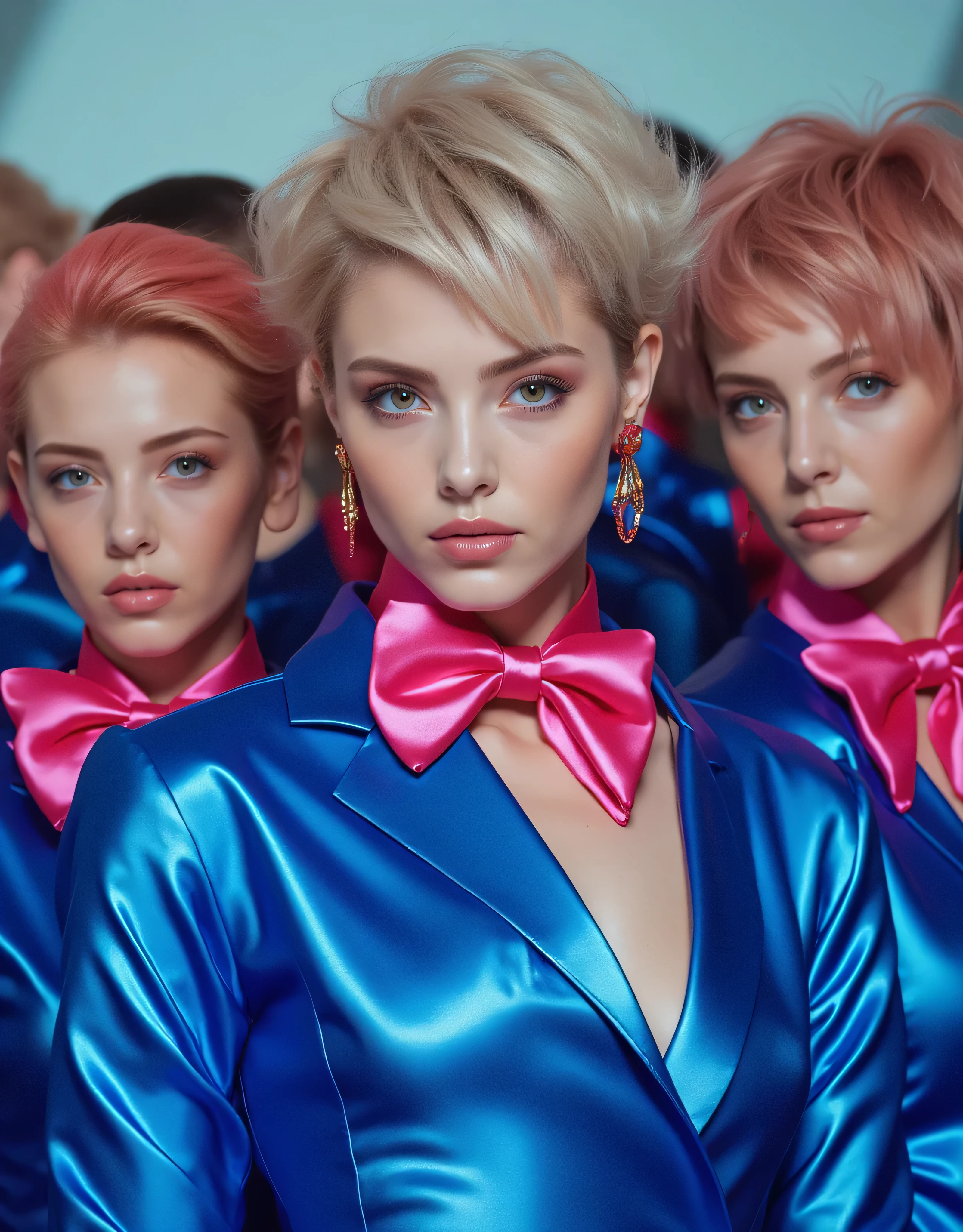 128,000 Female Models , Huge breasts, eye, ((Random short hairstyles)), High resolution , Upper Body, No background, Studio Lighting , ((Candy Blue Shiny Metal Satin, Pink bow tie and bold satin shirt)) Random Angle