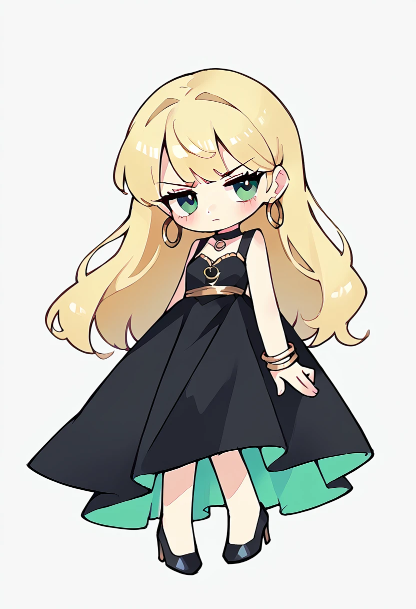 1girl, long blonde hair, green eyes, pouting, gold hoop earrings, long black dress, short black heels,