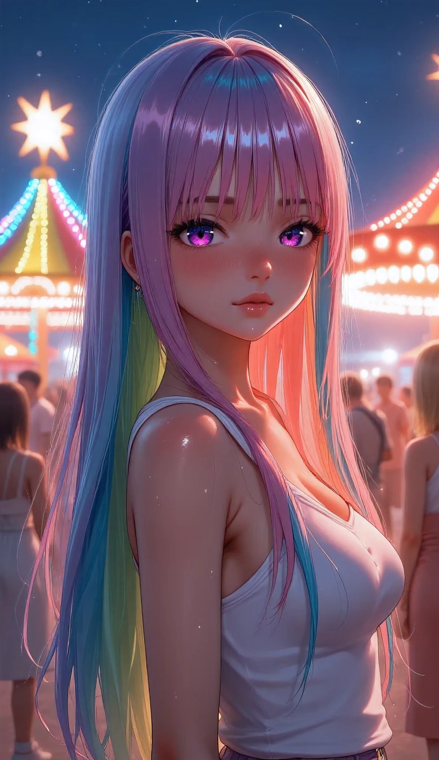 zPDXL2, close-up, portrait, beautiful girl with vivid (rainbow dye, colored hair:1.3), long hair, bangs, at a carnival at night, wearing a white tanktop and pants, (score_9, score_8_up, score_7_up, score_6_up, score_5_up, score_4_up, high res, 4k)
Negative prompt: 3d, covered nipples, nsfw, cleavage, brunette, brown, teeth, muscular, (score_3_up, score_4_up, score_5_up, monochrome, vector art, blurry)
Steps: 40, CFG scale: 7, Sampler: DPM++ 2M, Seed: 70649309, VAE: sdxl_vae_0.9.safetensors, Size: 768x1152, Model: Kestral-PNY_by_Zovya_V0, Version: v1.9.3, Model hash: ec6546c95c, Hires upscale: 1.5, Schedule type: Karras, Hires upscaler: 4x_foolhardy_Remacri, Denoising strength: 0.5, Downcast alphas_cumprod: True