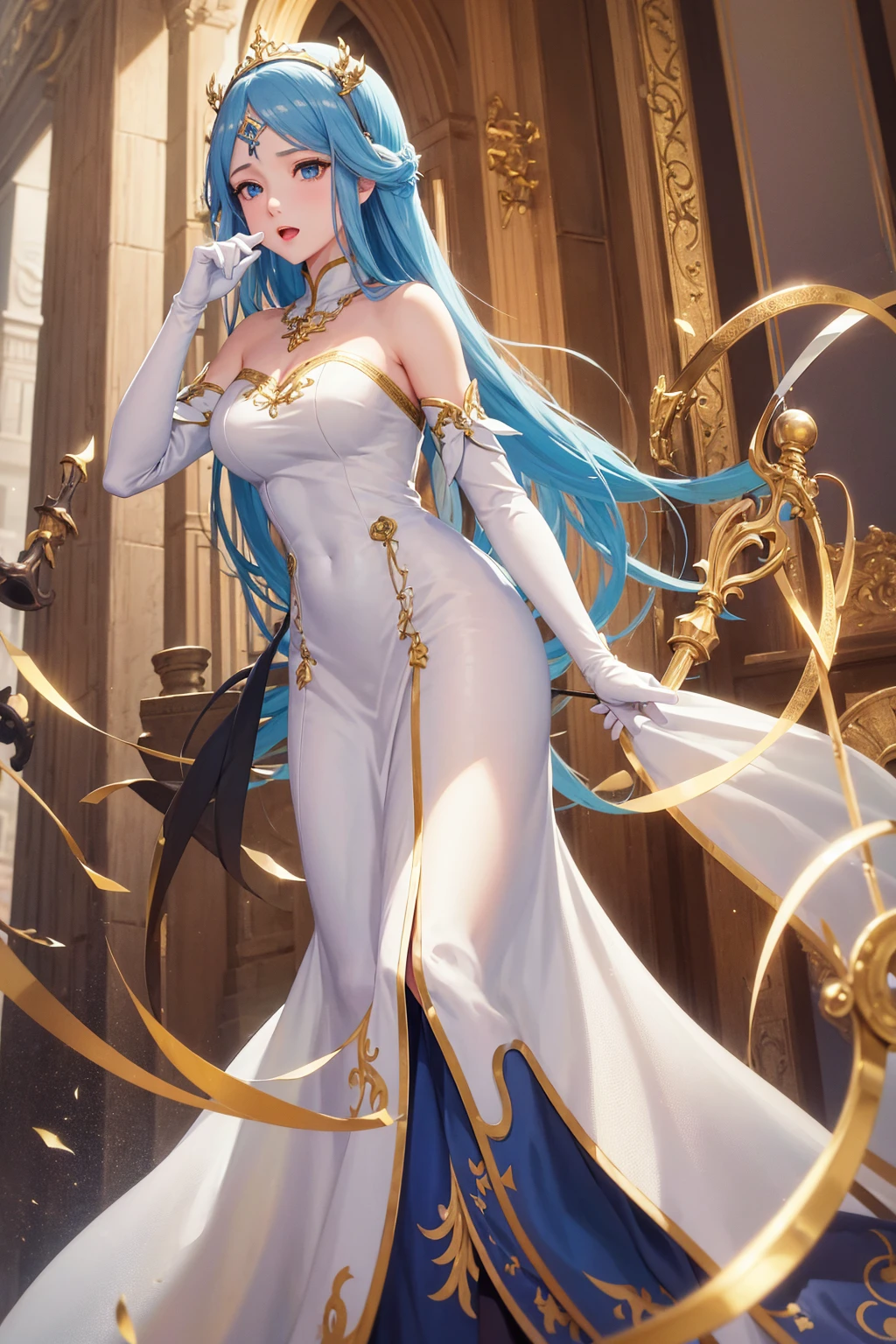 1girl, highres, masterpiece, solo, anime, absurdres, detailed face, perfect eyes, azura (fire emblem), upper body, full body, white dress, jewelry, white gloves, cityscape, holding, staff, singing