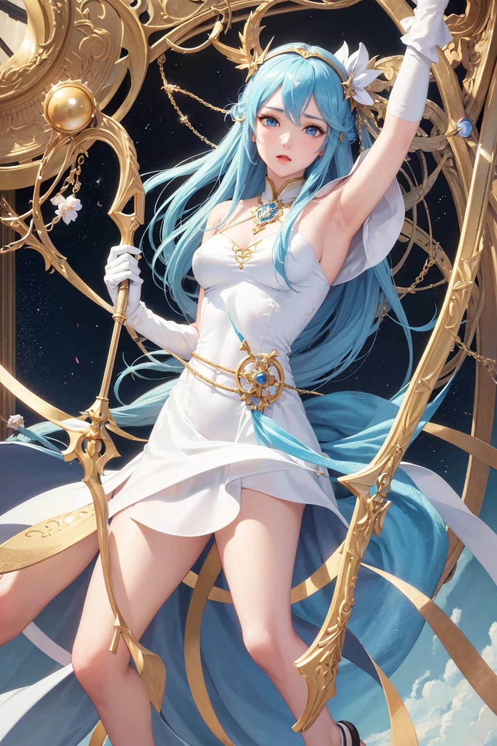 1girl, highres, masterpiece, solo, anime, absurdres, detailed face, perfect eyes, azura (fire emblem), upper body, full body, white dress, jewelry, white gloves, cityscape, holding, staff, singing