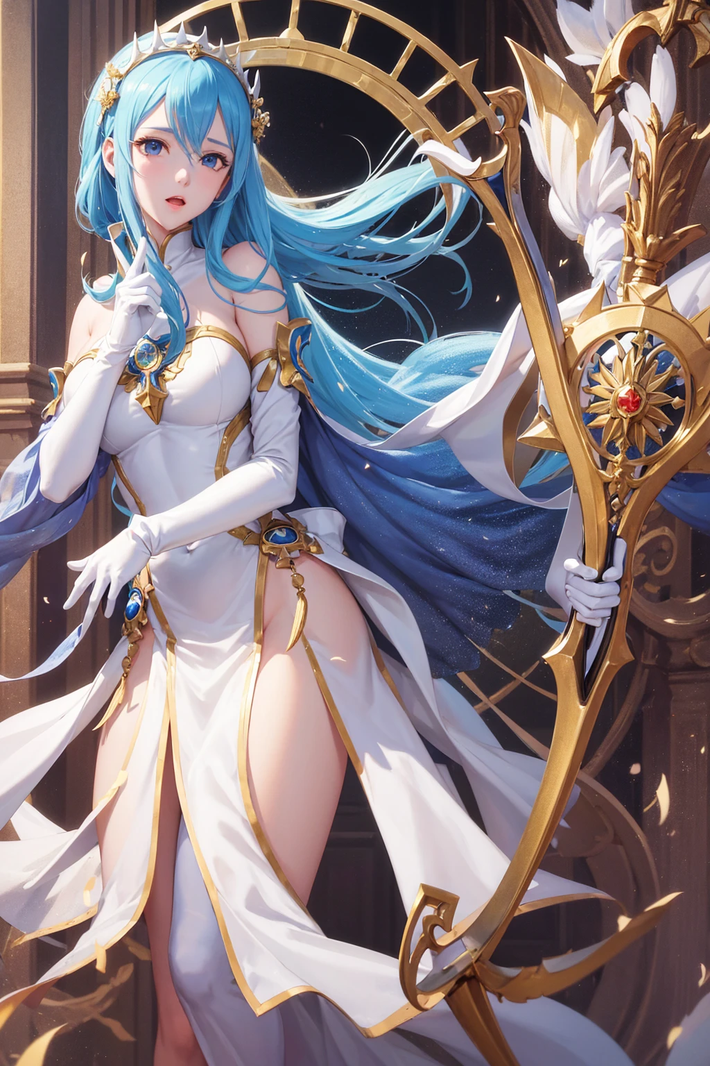 1girl, highres, masterpiece, solo, anime, absurdres, detailed face, perfect eyes, azura (fire emblem), upper body, full body, white dress, jewelry, white gloves, cityscape, holding, staff, singing