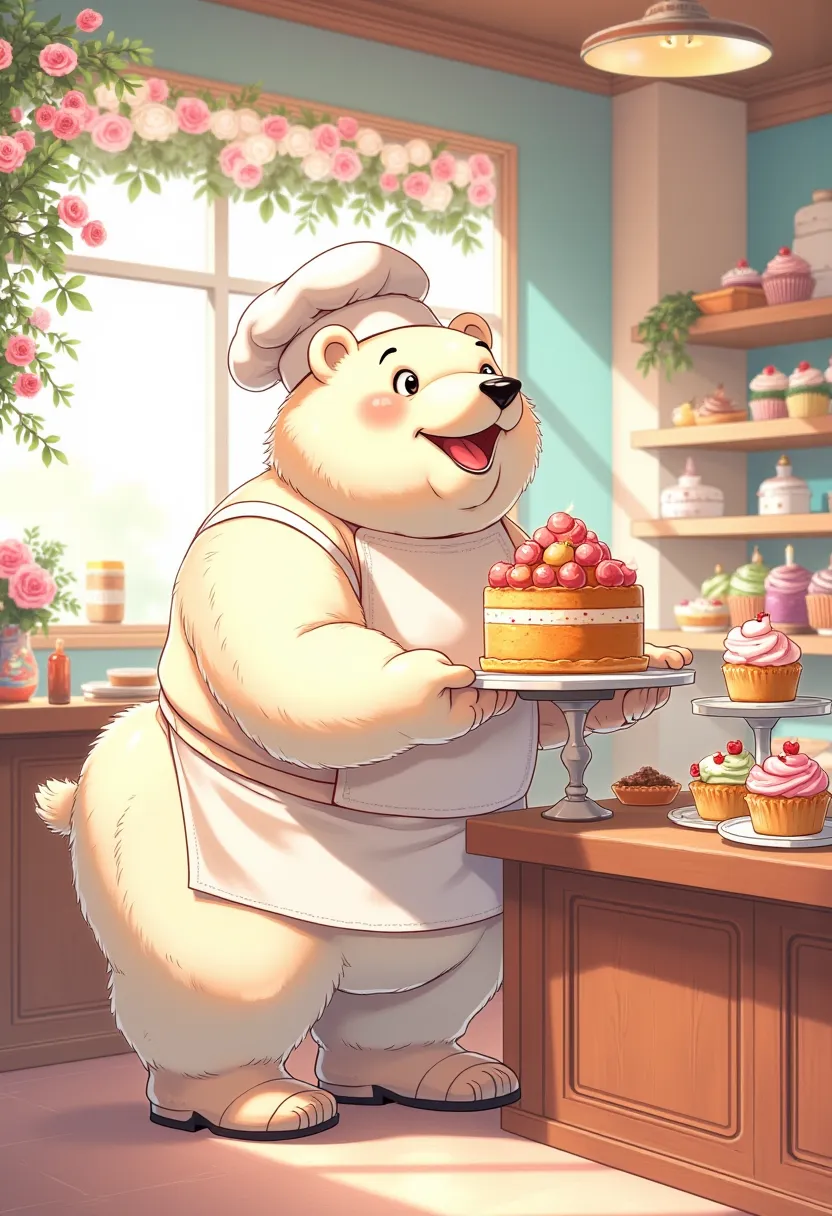 pastry chef, a plump middle-aged polar bear man, happy, little smile, chef's hat, costume, boots, cook a cake, a beautiful paste...