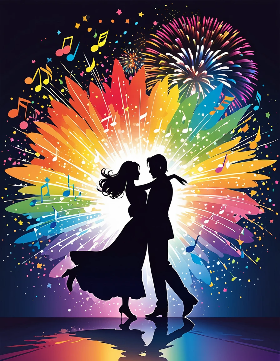 rainbow fireworks sparkling, Flat illustration, Vector art, silhouette art, shadows of intimate two men and women dancing the waltz, There are colorful notes drawn dancing, flowing notes, Staff notation dancing in the wind, musical theme, musical notes, music. Accurate body shape.