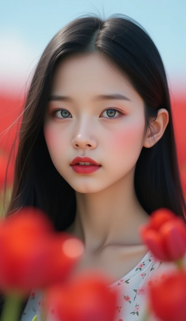 Portrait of a young asian girl, focus on face, upper body, close-up, perfect face, cute face, young, delicate facial features, (straight black hair:1.2), long hair, (light blue eyes), sensual lips, deep red lipstick, pale skin, wearing a black tshirt, standing in a vast field of red tulips, blurred red tulips in the foreground and background, clear sky with a subtle gradient of blue, without clouds, hyper-realistic, perfect composition, best quality, masterpiece, (amazing, finely detail, an extremely delicate and beautiful, sharp focus)
