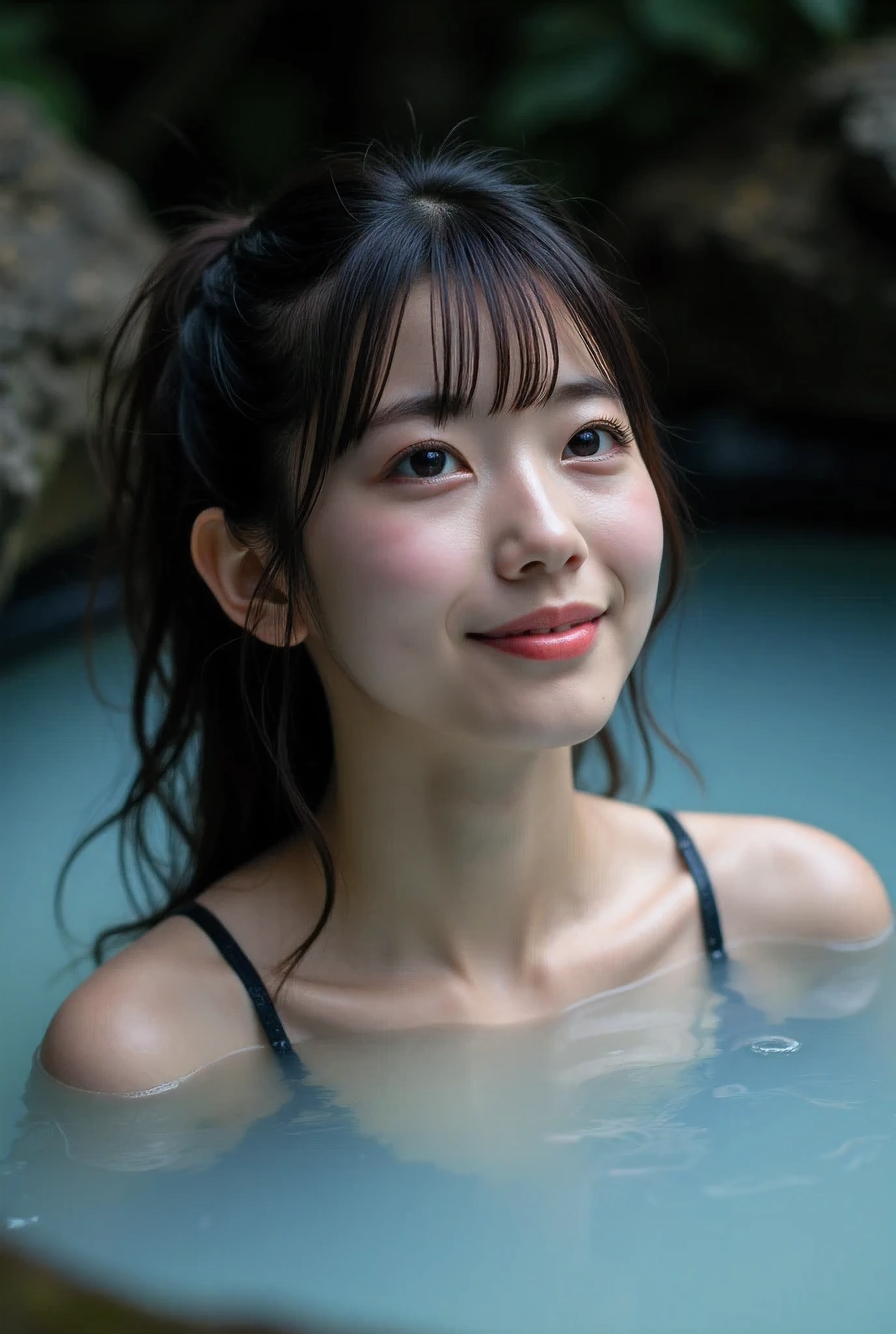 Best Quality, Subtle details, Highly detailed eyes and face, ((night))), (Open-air rock bath), (White, murky water), 1 beautiful girl, sweat, ponytail, Bright Cheeks, No makeup, Looking up, Strapless, Portrait lighting, (((((Dark background)))),Captivating smile