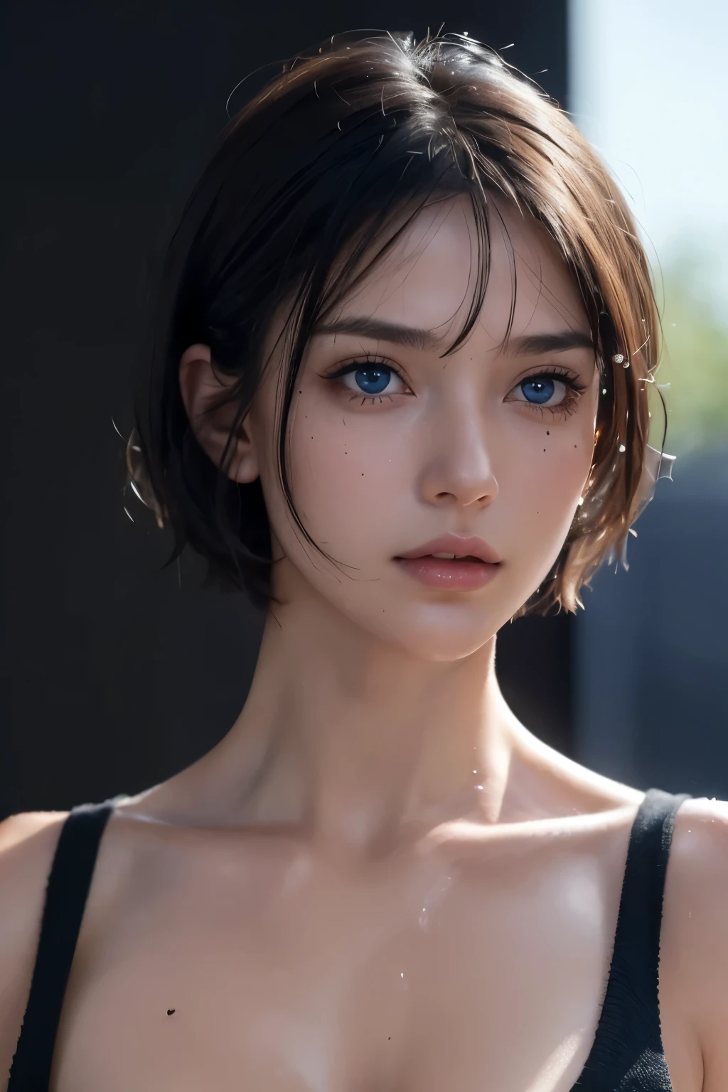 ultra high res,masterpiece,best quality, perfect glossy shiny skins, perfect lighting, detailed lighting, dramatic shadows, ray tracing, 1girl, black sweater, looking at viewer, off shoulder, Big breasts, Exposed cleavage, blue Eyes, sharp face, sharp eyes, long bangs, short cut hair, nsfw, Moles under the eyes, Mole on the mouth, ((Dark  background)),  wet (sweaty, soaking wet),