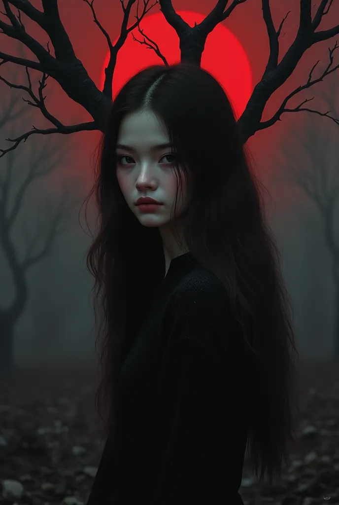 a girl standing under the dead tree, close-up, black and red palette, porcelain skin, through the darkness, dreamlike