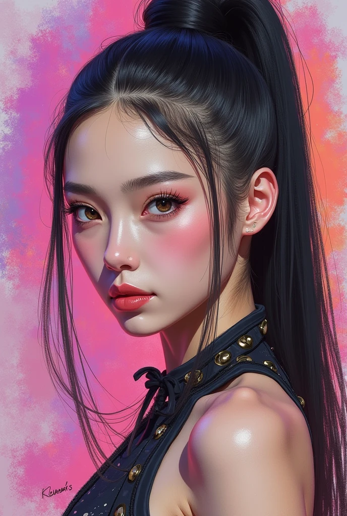 Female portrait, stylized close-up, high ponytail, vibrant surreal colours, sketch-like style, highly detailed, digital artwork
