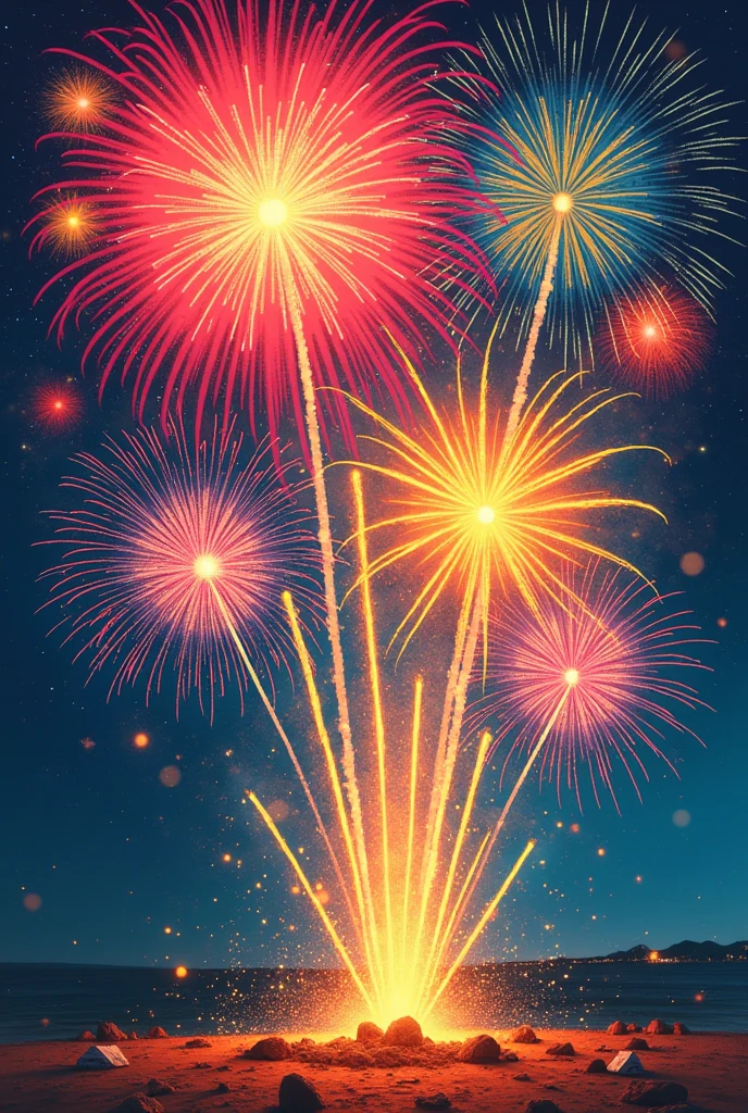 colorful, multiple fireworks, illustration, Abstract, sputtering art,