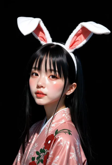 japanese woman, bunny ears, portrait , (andy warhol), black background,