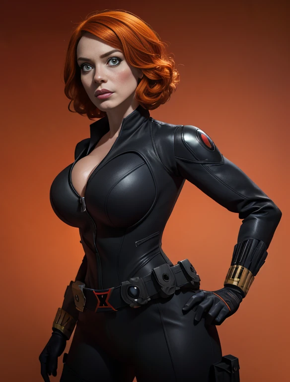 Christina Hendricks as the character Natasha Romanoff/Black Widow from the Marvel Cinematic Universe, 48 years old, short wavy hairstyle, orange hair color, big breasts. In tight black leather suit, metallic armlets, gun holsters and metallic utility belt. Dynamic pose, action pose, in a fighting position. Mysterious spy, member of the Avengers, 4k rendering, Marvel comics digital art, Marvel Cinematic Universe concept art, 4K Wallpaper, MCU character, epic Avengers character art, HQ 4K Wallpaper
