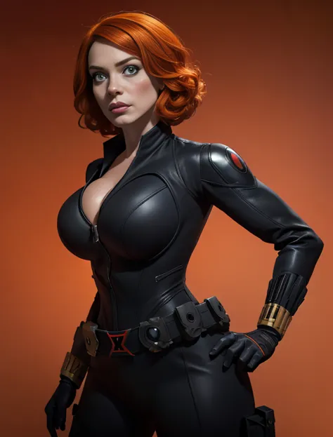 christina hendricks as the character natasha romanoff/black widow from the marvel cinematic universe, 48 years old, short wavy h...