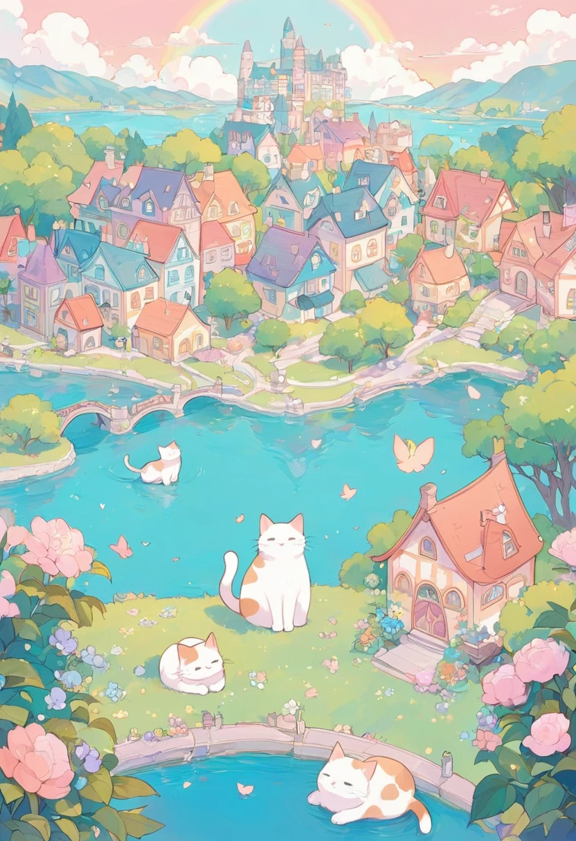 cute and gentle world of soft, fluffy, pastel colors, fantasy art, two friendly cats, various buildings, various flowers and trees, rivers, and cityscapes.