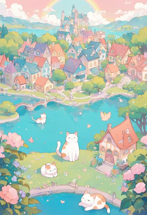 cute and gentle world of soft, fluffy, pastel colors, fantasy art, two friendly cats, various buildings, various flowers and trees, rivers, and cityscapes.