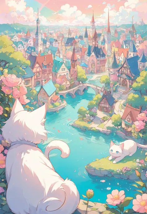 cute and gentle world of soft, fluffy, pastel colors, fantasy art, two friendly cats, various buildings, various flowers and trees, rivers, and cityscapes.